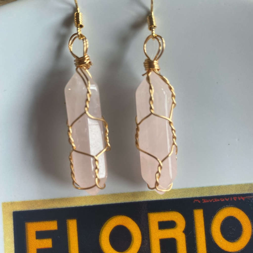 Crystal pillar pendant rose pink quartz earrings yogi handmade gold plated hooks